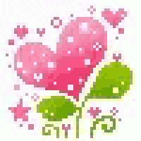 a pixel art illustration of a pink heart surrounded by green leaves .