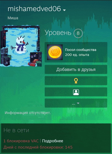 a screenshot of mishamedved06 's profile with a snowman and a gold coin