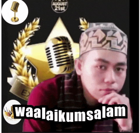 a picture of a man with a microphone and the words waalaikum salam