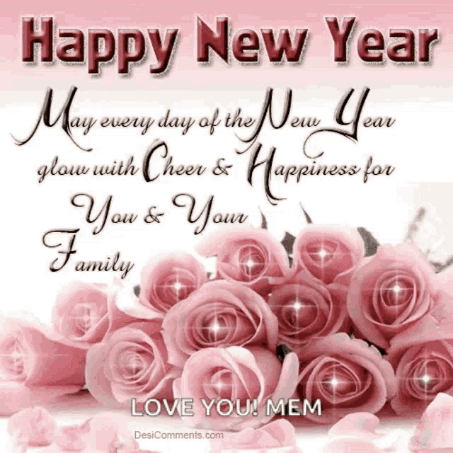 a happy new year card with pink roses and petals