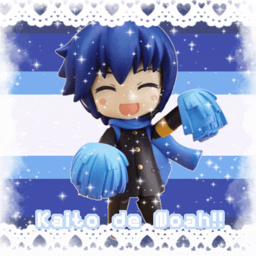 a blue and white striped background with hearts and kaito de noah