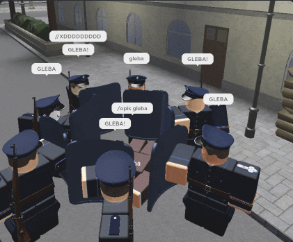 a group of police officers are standing around a table and talking to each other including gleba