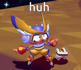 a cartoon character with the word huh on the bottom right
