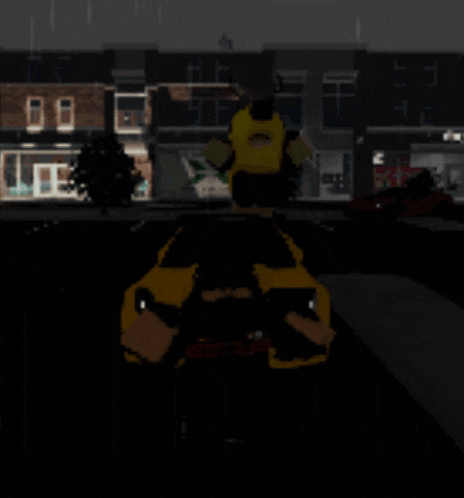 a yellow car is parked in front of a building that says x on it