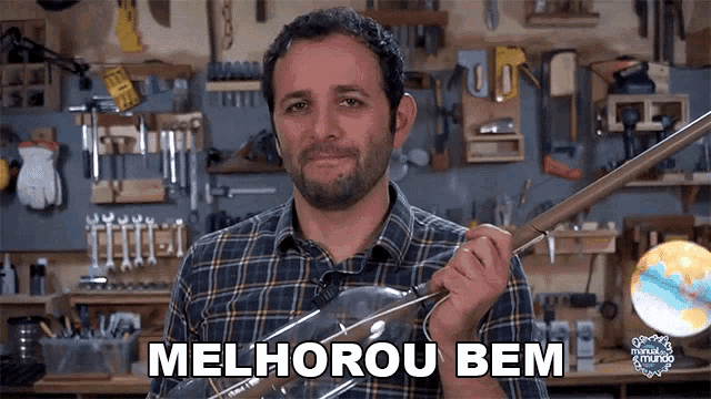 a man in a plaid shirt is holding a light bulb with the words melhorou bem written below him