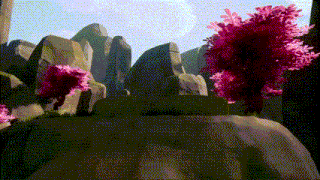 a cartoon landscape with pink flowers and rocks