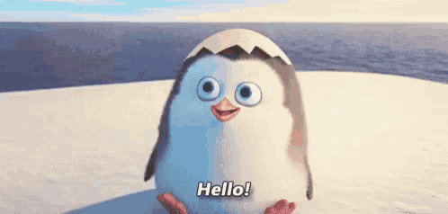 a penguin is sitting on top of a snow covered field and says `` hello '' .