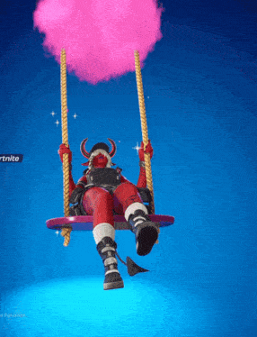 a video game character is sitting on a swing with a pink cloud above him