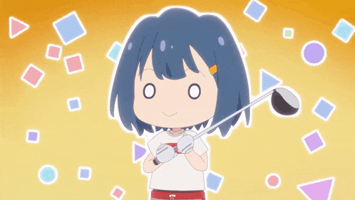 a girl is holding a golf club and surrounded by question marks and geometric shapes