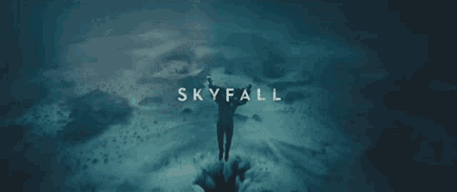a person is jumping into the water with the words skyfall written on the bottom