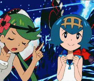 a couple of cartoon characters standing next to each other one has a flower in her hair