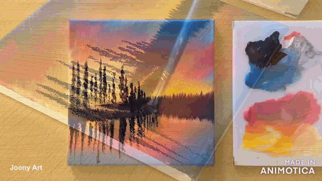 a painting of a sunset with the words made in animotica below it
