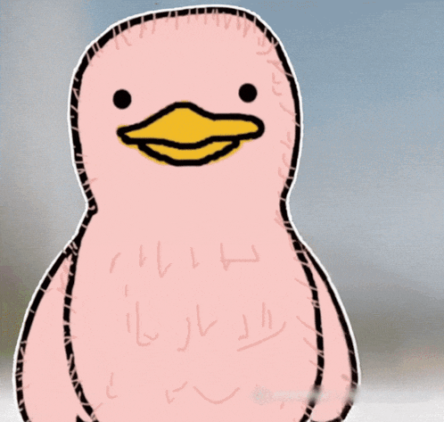 a cartoon drawing of a pink duck with a yellow beak and black lines