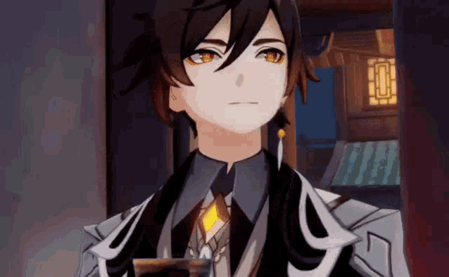 a close up of a person in a video game holding a cup of tea .
