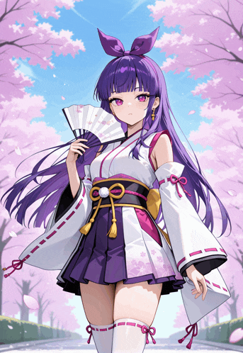a girl with purple hair is holding a fan in front of cherry blossom trees