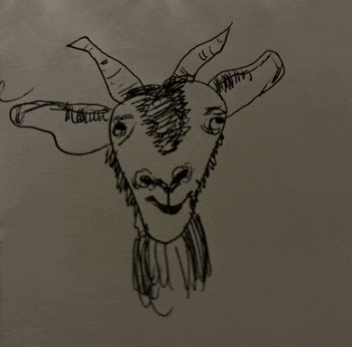 a black and white drawing of a goat 's head with horns and a smile