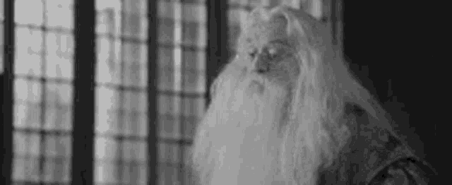 a black and white photo of a man with a beard and long hair standing in front of a window .