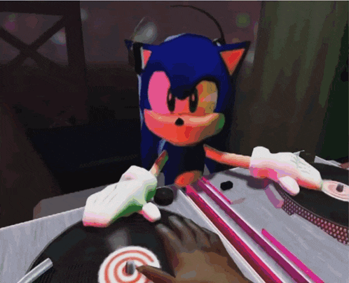 a cartoon of sonic the hedgehog playing a record on a turntable