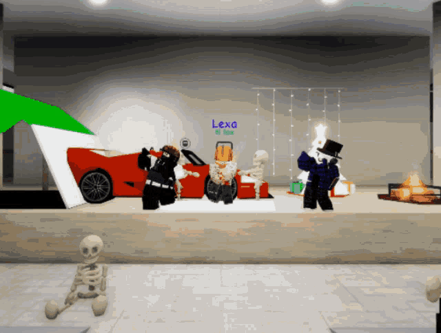 a skeleton is sitting in front of a red car with the name lexa on the wall
