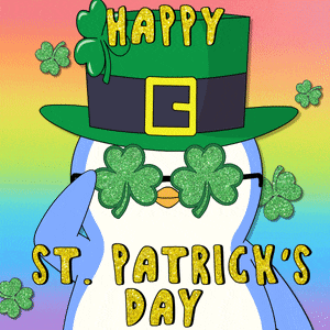 a happy st. patrick 's day greeting card with a penguin wearing a leprechaun hat