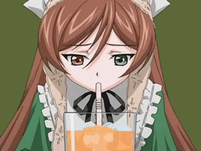 a girl in a maid outfit drinks through a straw from a glass