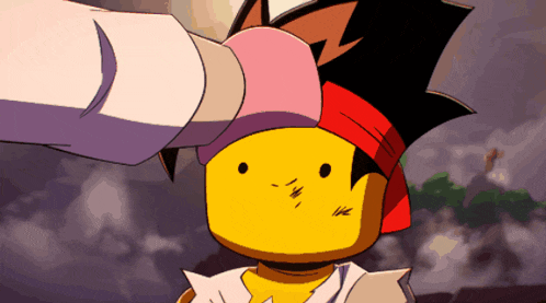 a yellow cartoon character with a red headband and a white shirt