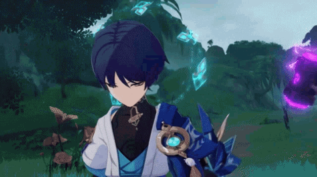 a video game character with a sword and a purple object in the background