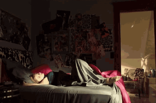 a woman is laying on a bed with a pink comforter and posters on the wall