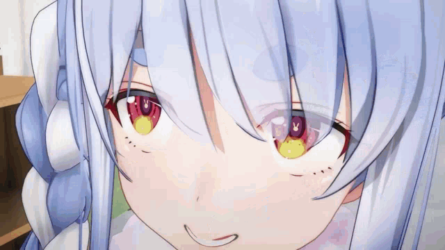 a close up of a anime girl 's face with blue hair and yellow eyes