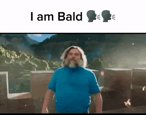 a man with a beard is standing in front of a mountain with the words i am bald below him