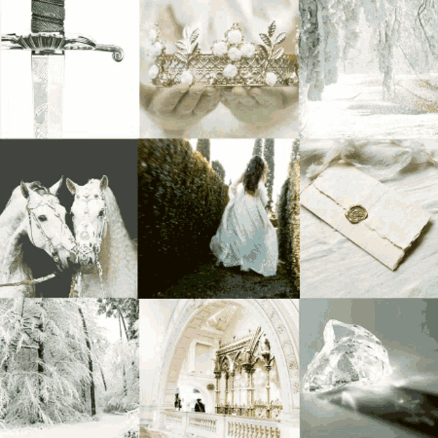 a collage of pictures shows a woman in a white dress holding a crown
