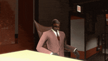 a man in a suit and mask is standing in front of an exit sign