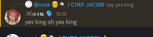 a screenshot of a conversation between chef jacobi and masau