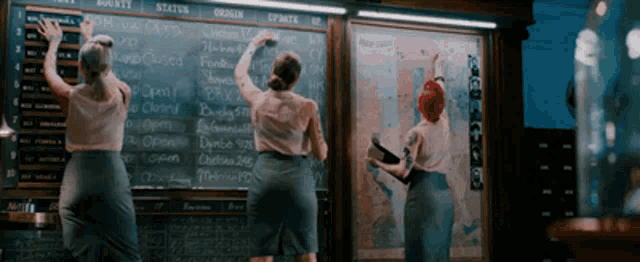 three women are standing in front of a chalkboard that says " guests "