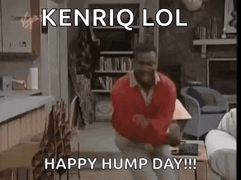 a man is dancing in a living room with the words `` kenriq lol happy hump day !!! ''