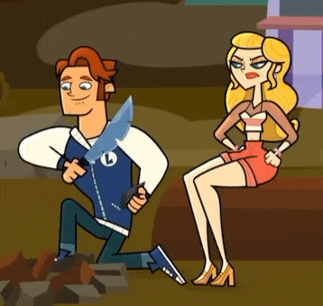 a cartoon of a man kneeling down holding a knife while a woman sits on the ground