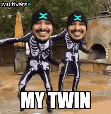 two men in skeleton costumes are dancing with the words " my twin " written on the bottom