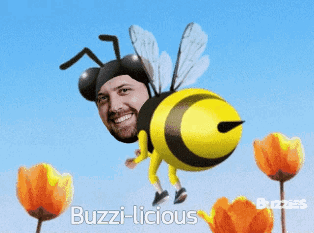 a bee with a man 's face on it and the words buzzi-licious on the bottom