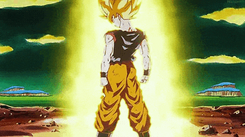 a cartoon character from dragon ball z is standing in a field with a yellow light coming out of his chest .