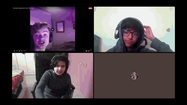 a group of people are having a video call and one of them is wearing a hoodie