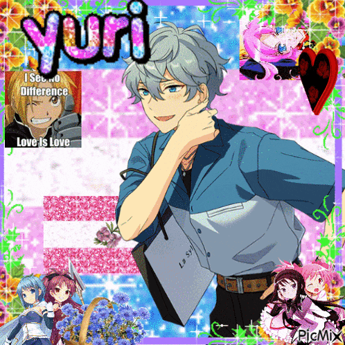 a collage of anime characters with yuri written in the middle