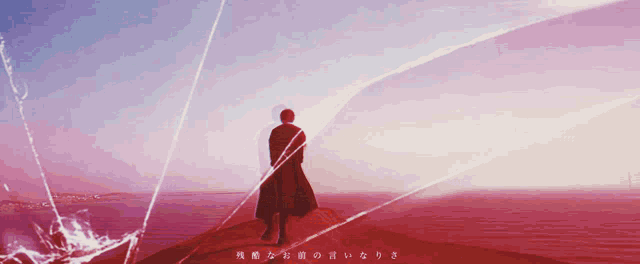 a man in a red coat is standing on top of a red hill overlooking the ocean