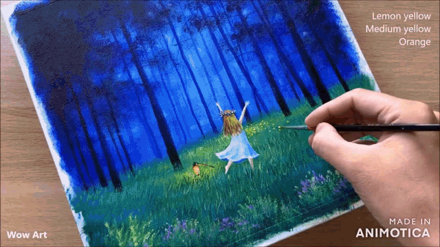 a person is painting a picture of a girl in a blue dress