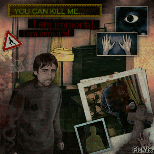 a man is standing in a dark room with a sign that says " you can kill me "