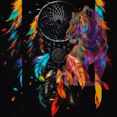 a colorful painting of a tiger and a dream catcher with the word la tribu written below it