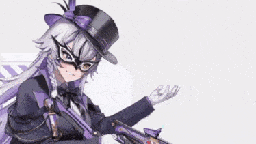 a girl wearing a top hat and a mask holds a gun