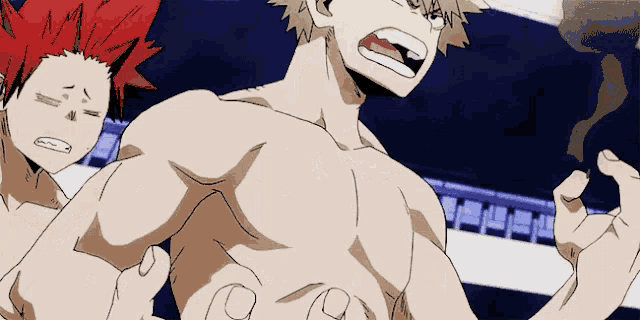 two anime characters are standing next to each other without shirts .