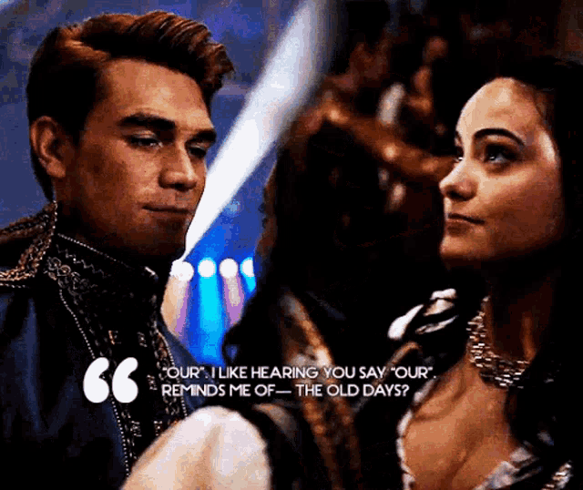 a man and a woman are looking at each other with a quote behind them that says " your "