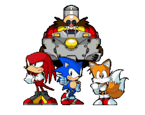 sonic the hedgehog , knuckles the echidna , and tails are standing next to each other
