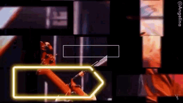 a robotic arm is holding a sword in a dark room with a neon arrow pointing to the right .